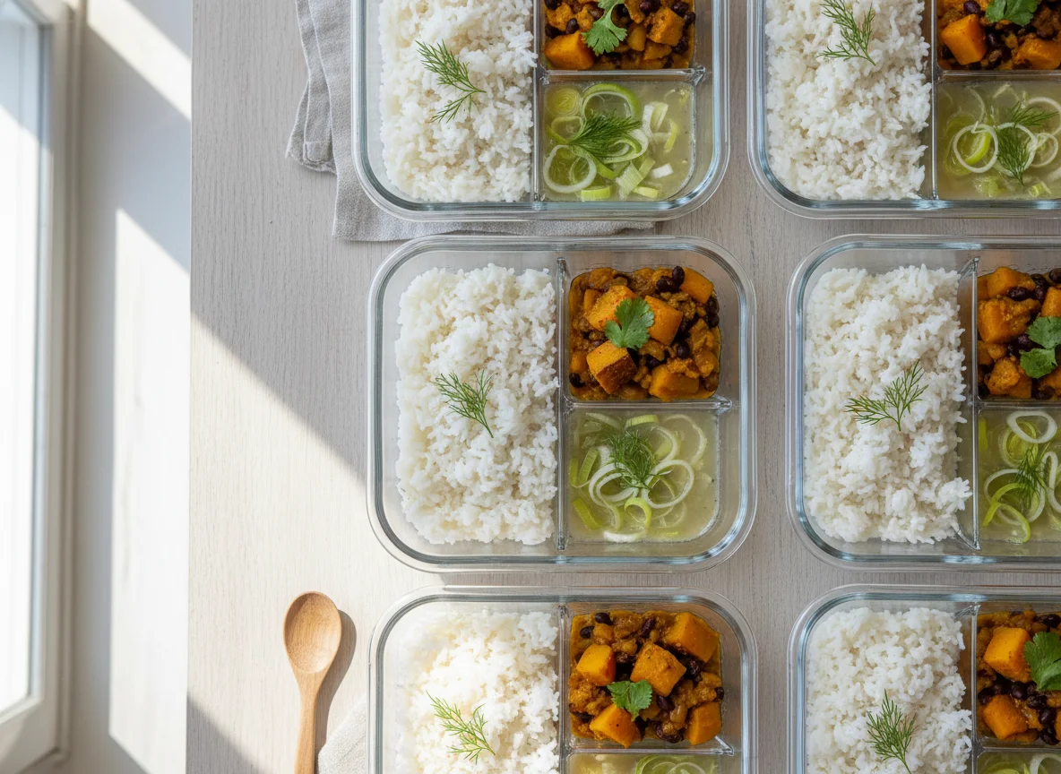 Assorted Meal Prep Containers with Rice photo