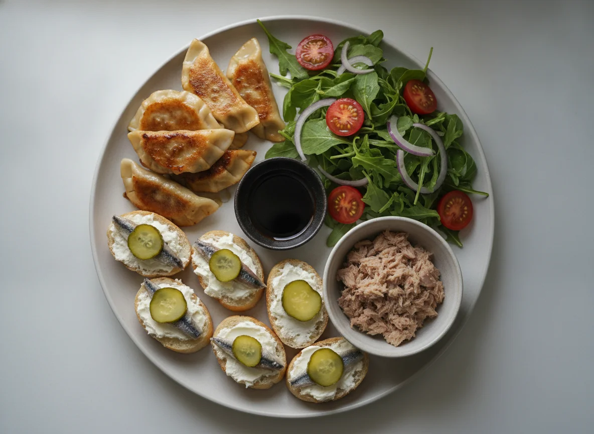 Assorted Meal with Dumplings, Salad, and Toasts photo