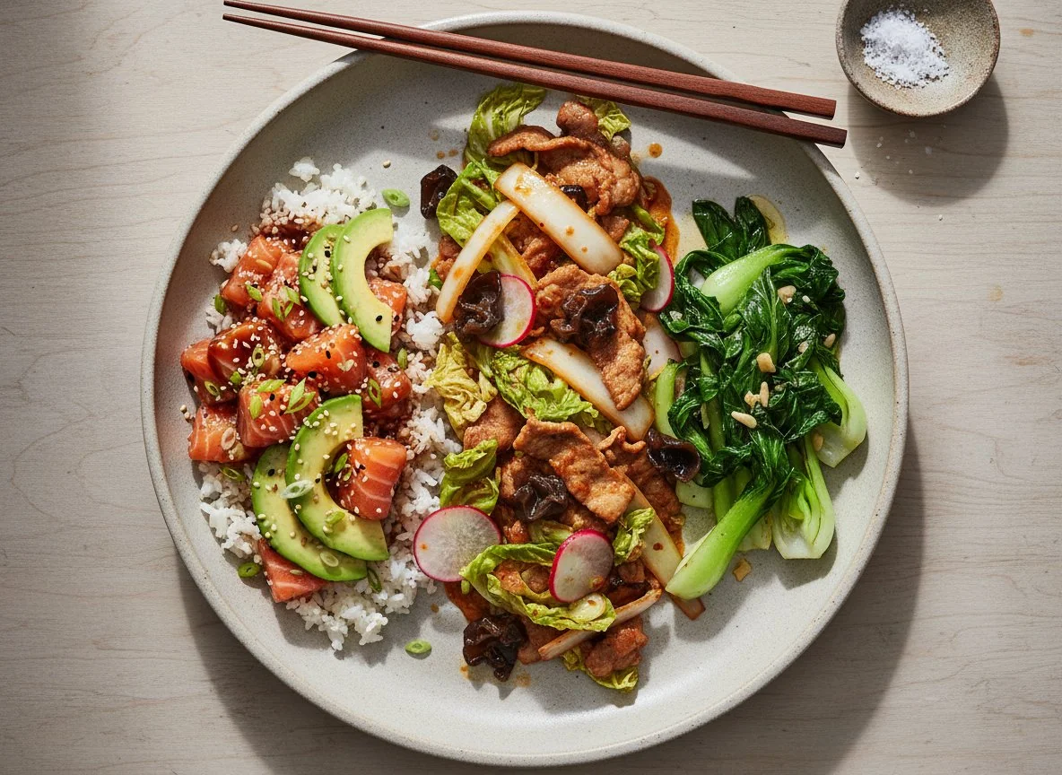 Assorted Meal with Salmon Poke, Pork Stir-fry, and Greens photo