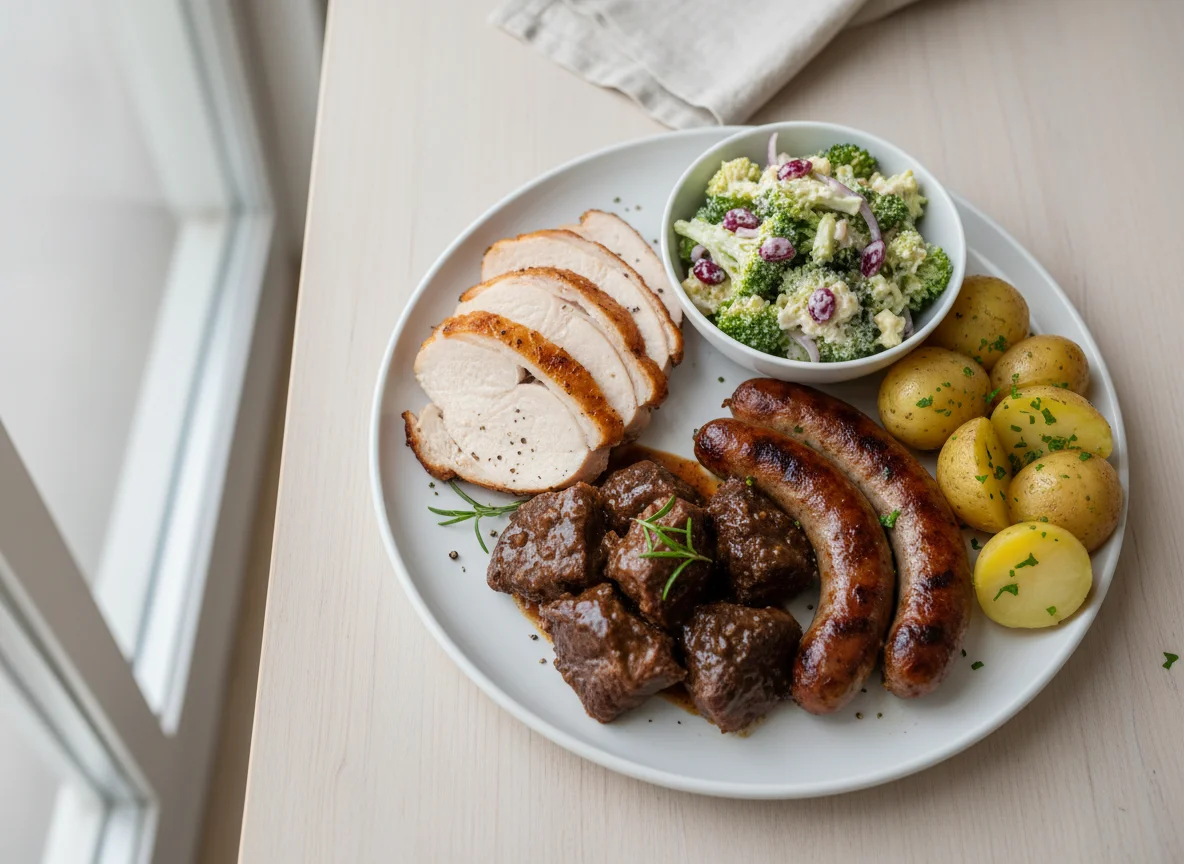 Assorted Meat Platter with Salad and Potatoes photo
