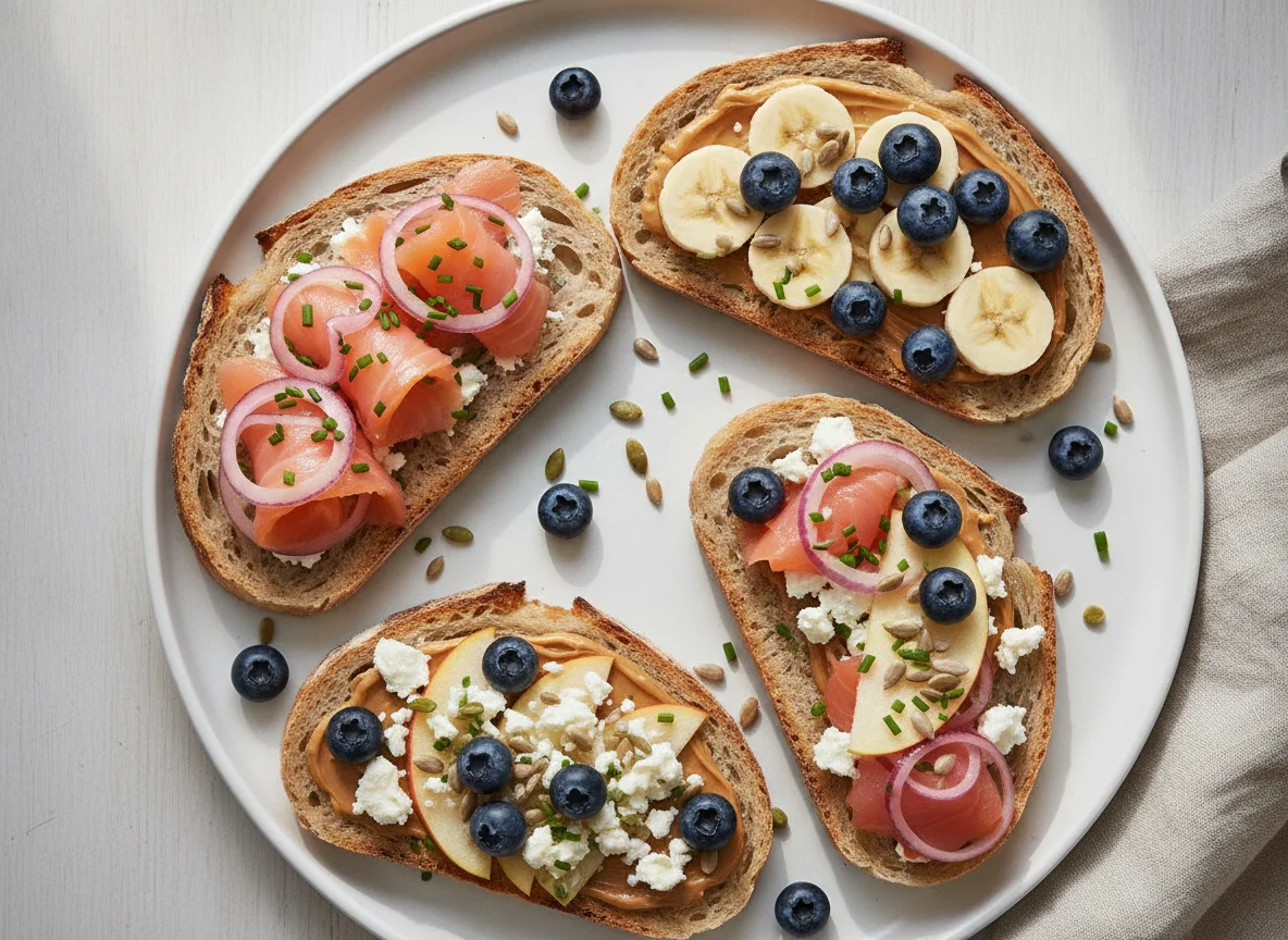 Assorted open sandwiches with fruit photo