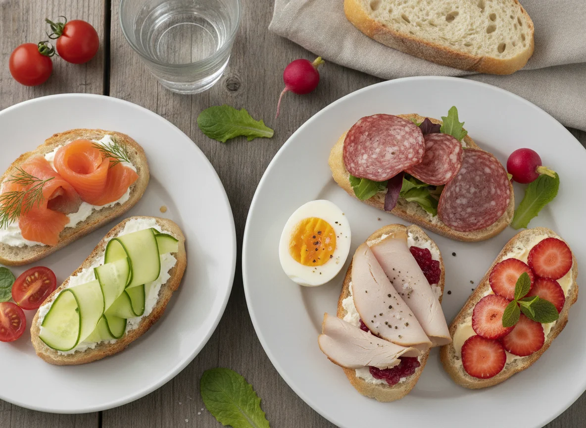 Assorted open-faced sandwiches and boiled egg photo