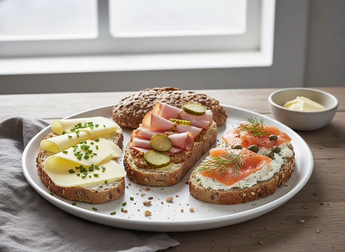 Assorted open-faced sandwiches on multi-seed bread photo