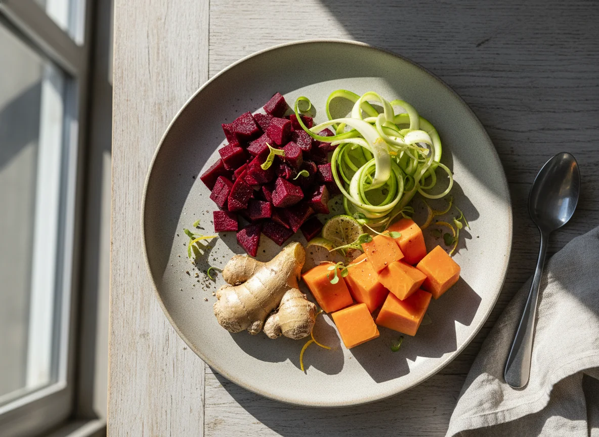 Assorted peeled vegetables and fruit photo