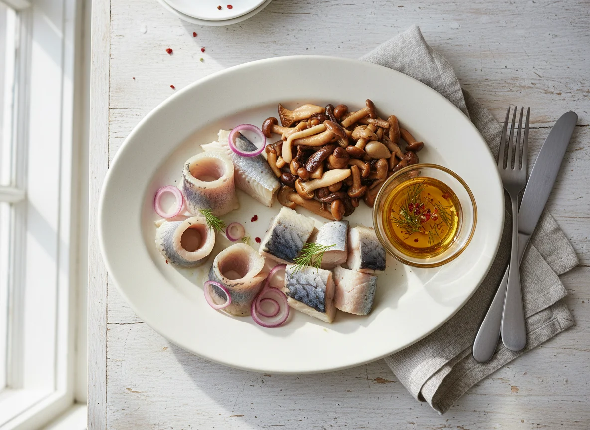 Assorted Pickled Fish and Mushrooms with Sauce photo