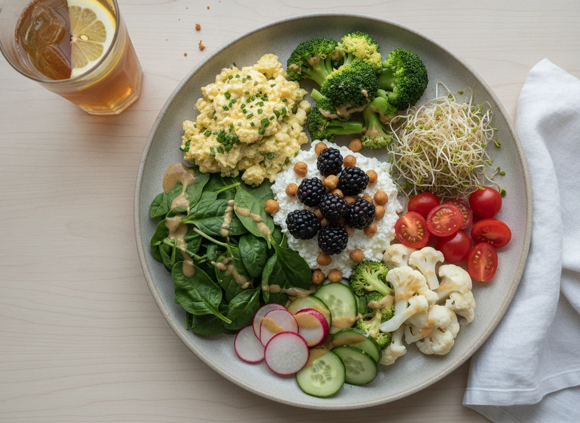Assorted Salad and Cottage Cheese Breakfast photo