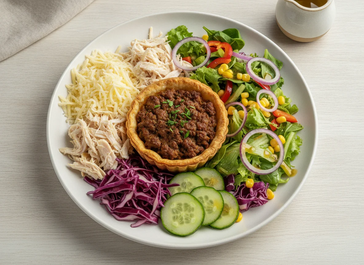 Assorted Salad Plate with Tartlet and Cheese photo