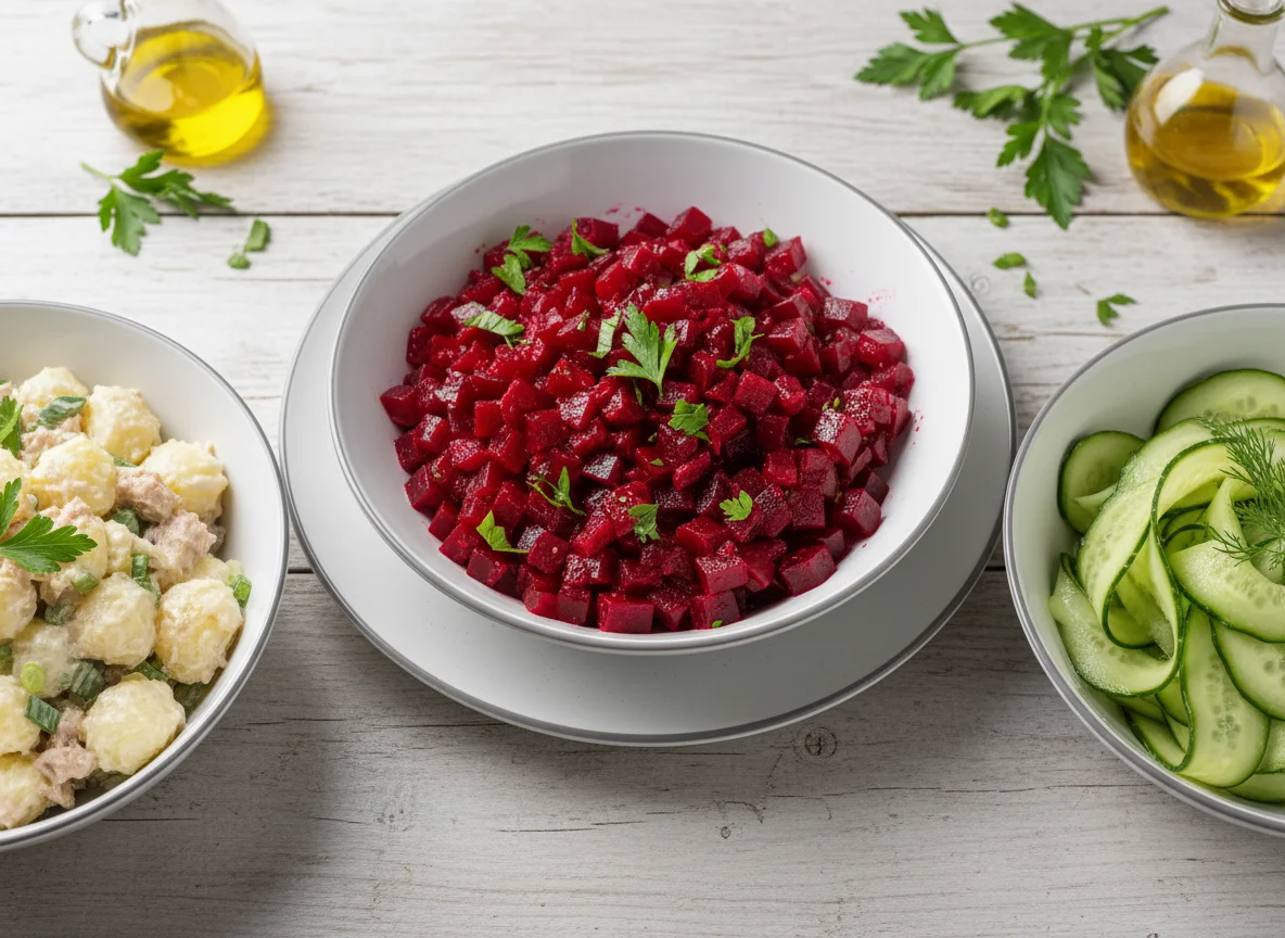 Assorted Salads (Beetroot, Potato with Tuna, Cucumber) photo