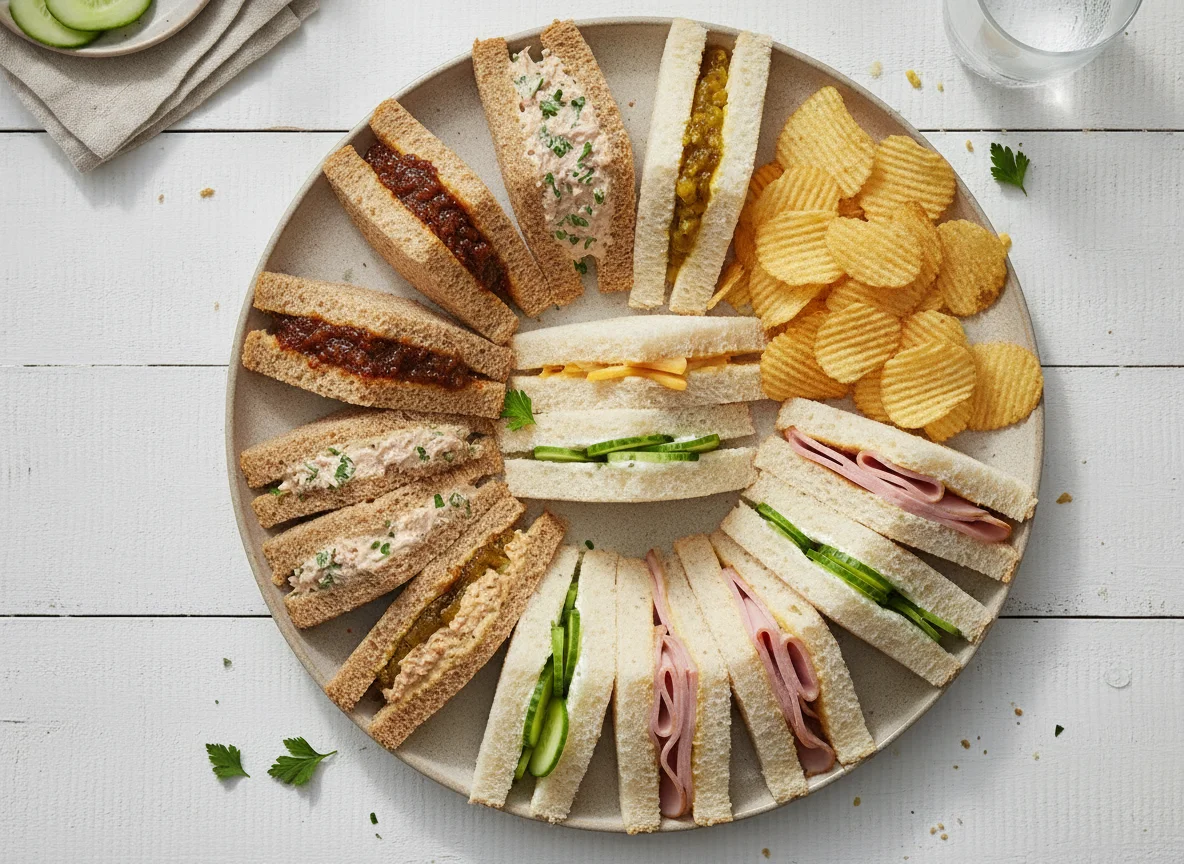 Assorted sandwich selection with crisps photo