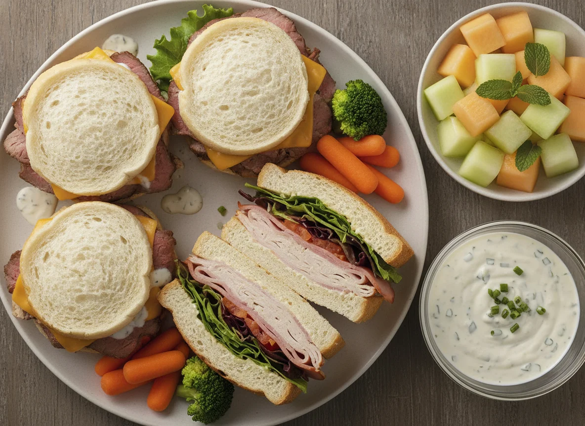 Assorted Sandwiches with Vegetables and Fruit photo