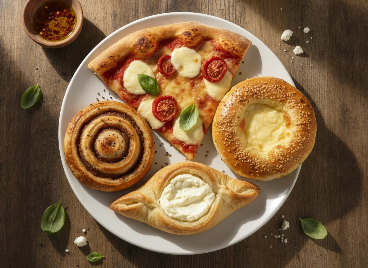 Assorted Savoury Pastries and Pizza Slice photo