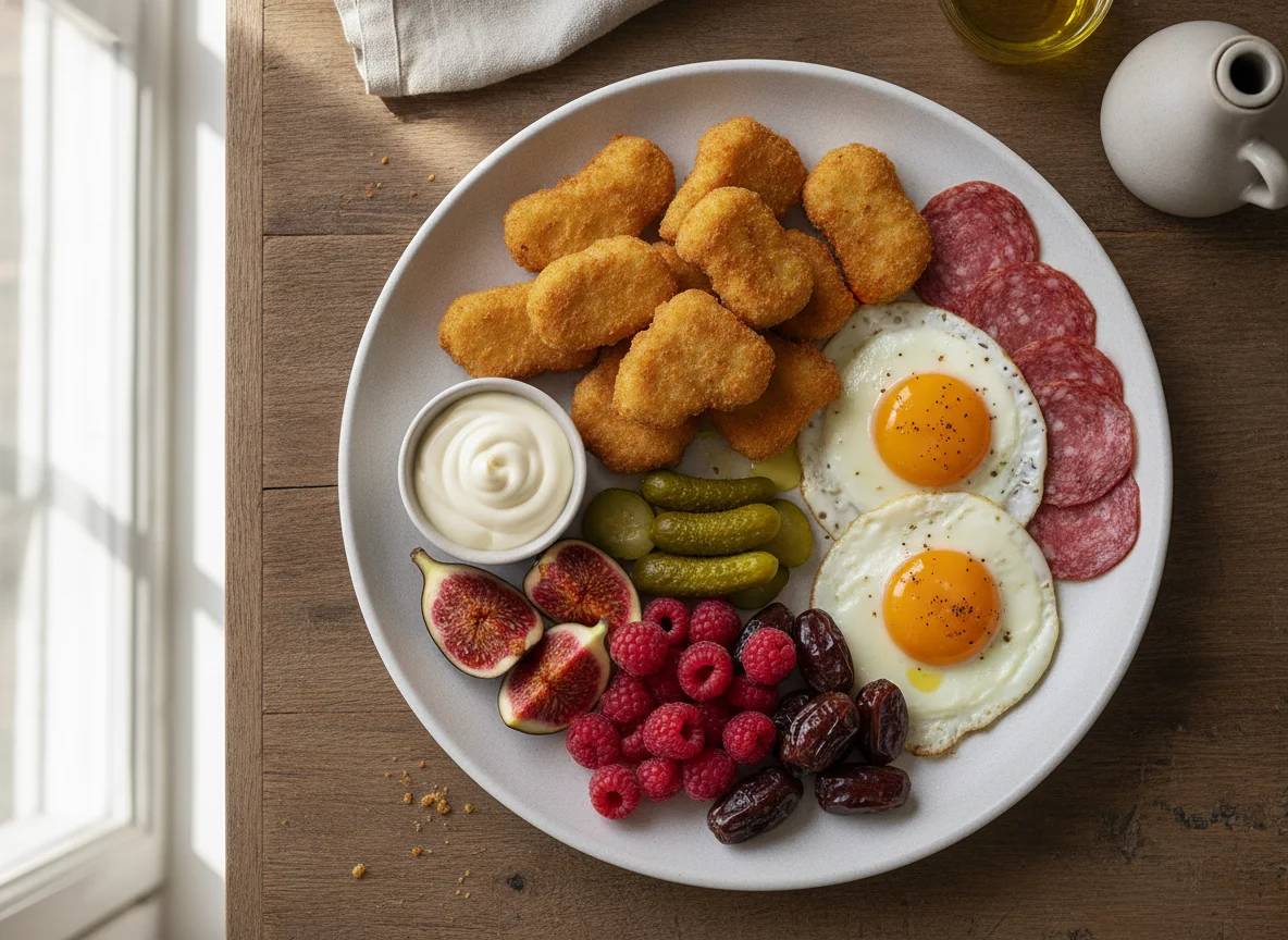 Assorted Snack Plate with Chicken Nuggets and Fruit photo