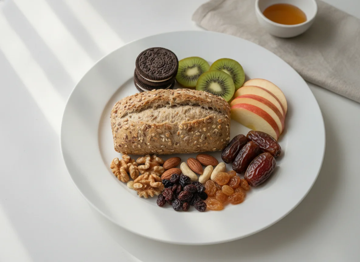 Assorted snack plate with fruit, nuts, and bread photo