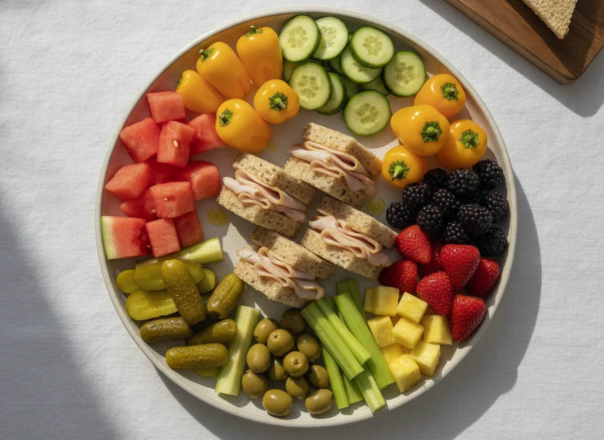 Assorted Snack Plate with Fruit, Vegetables, and Mini Sandwich photo