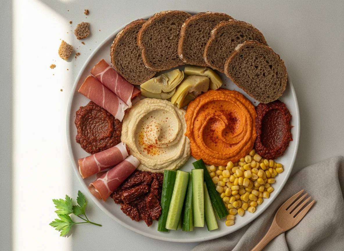 Assorted snack plate with hummus, vegetables, and ham photo