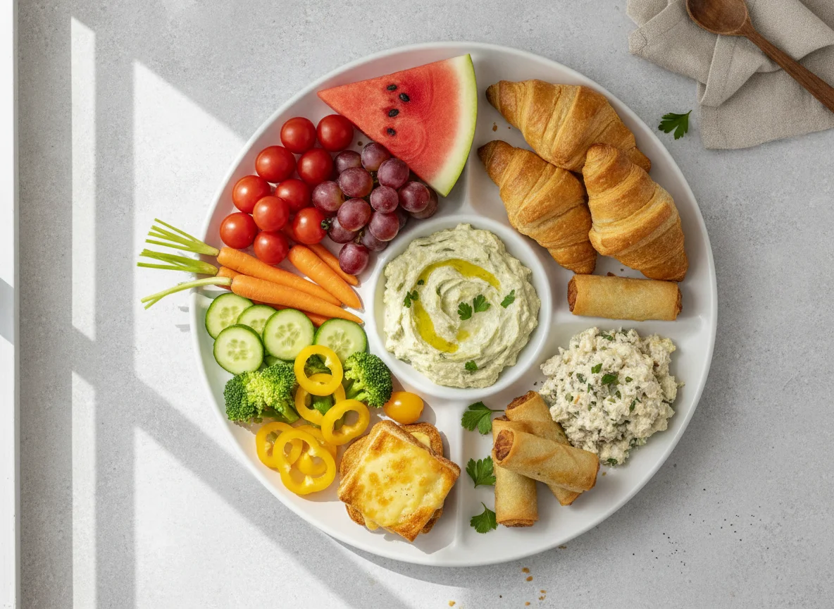 Assorted Snack Plate with Vegetables and Pastries photo