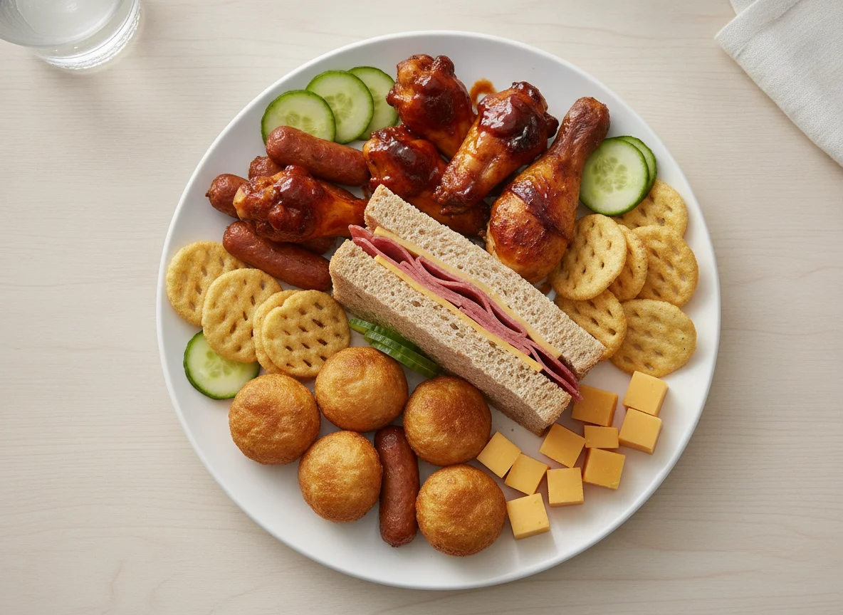 Assorted snack platter with sandwich and chicken photo