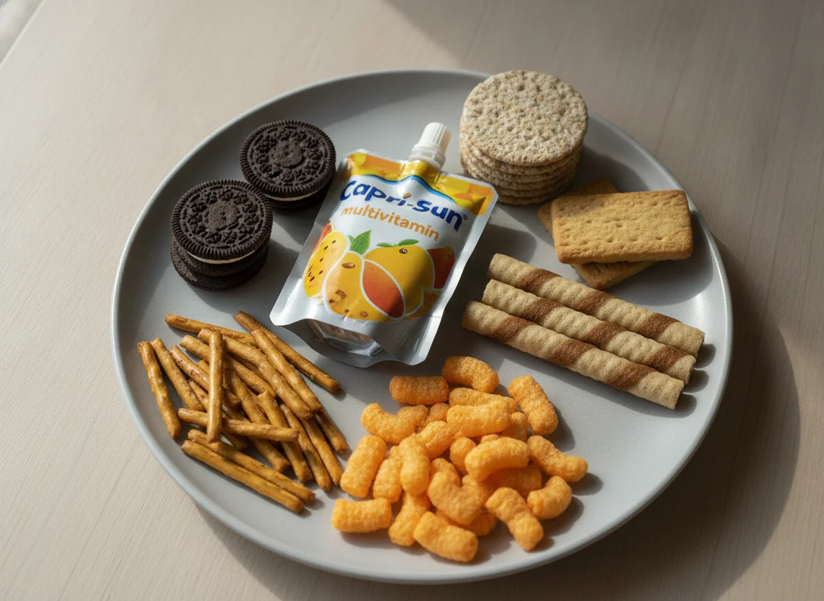 Assorted snacks and fruit juice photo