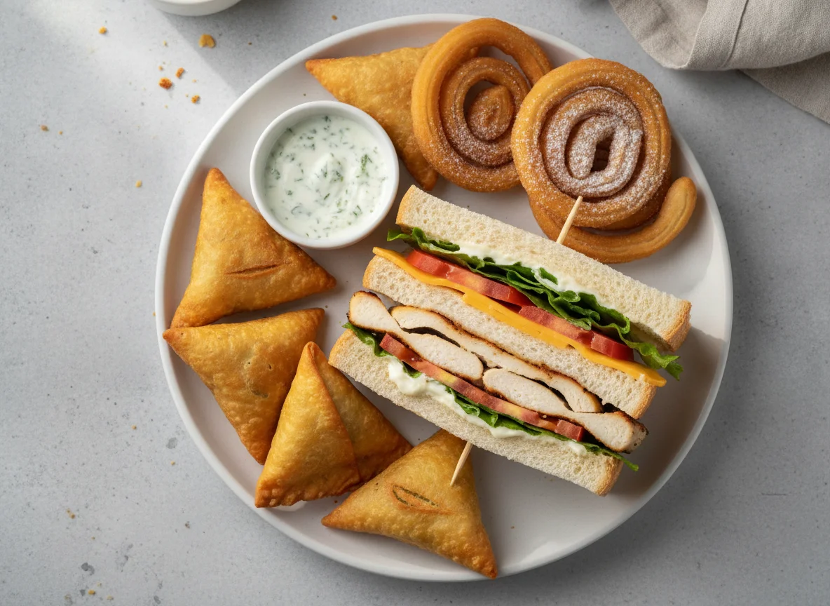 Assorted snacks including chicken sandwich and fried pastries photo
