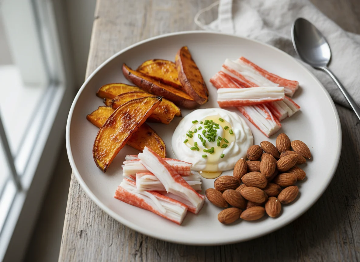 Assorted Snacks with Sweet Potato, Crab Sticks, Almonds, and Yogurt photo