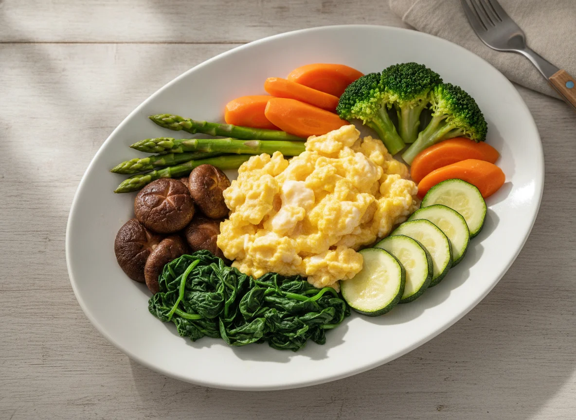 Assorted Steamed Vegetables with Scrambled Eggs photo