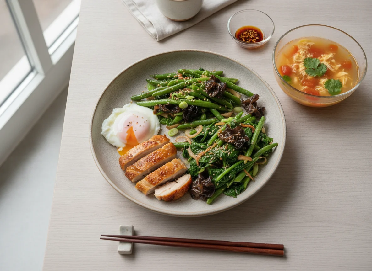 Assorted Stir-fry Plate with Tomato Egg Soup photo
