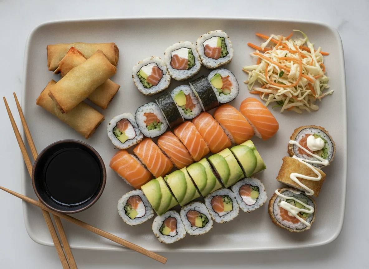 Assorted Sushi and Spring Rolls with Salad photo