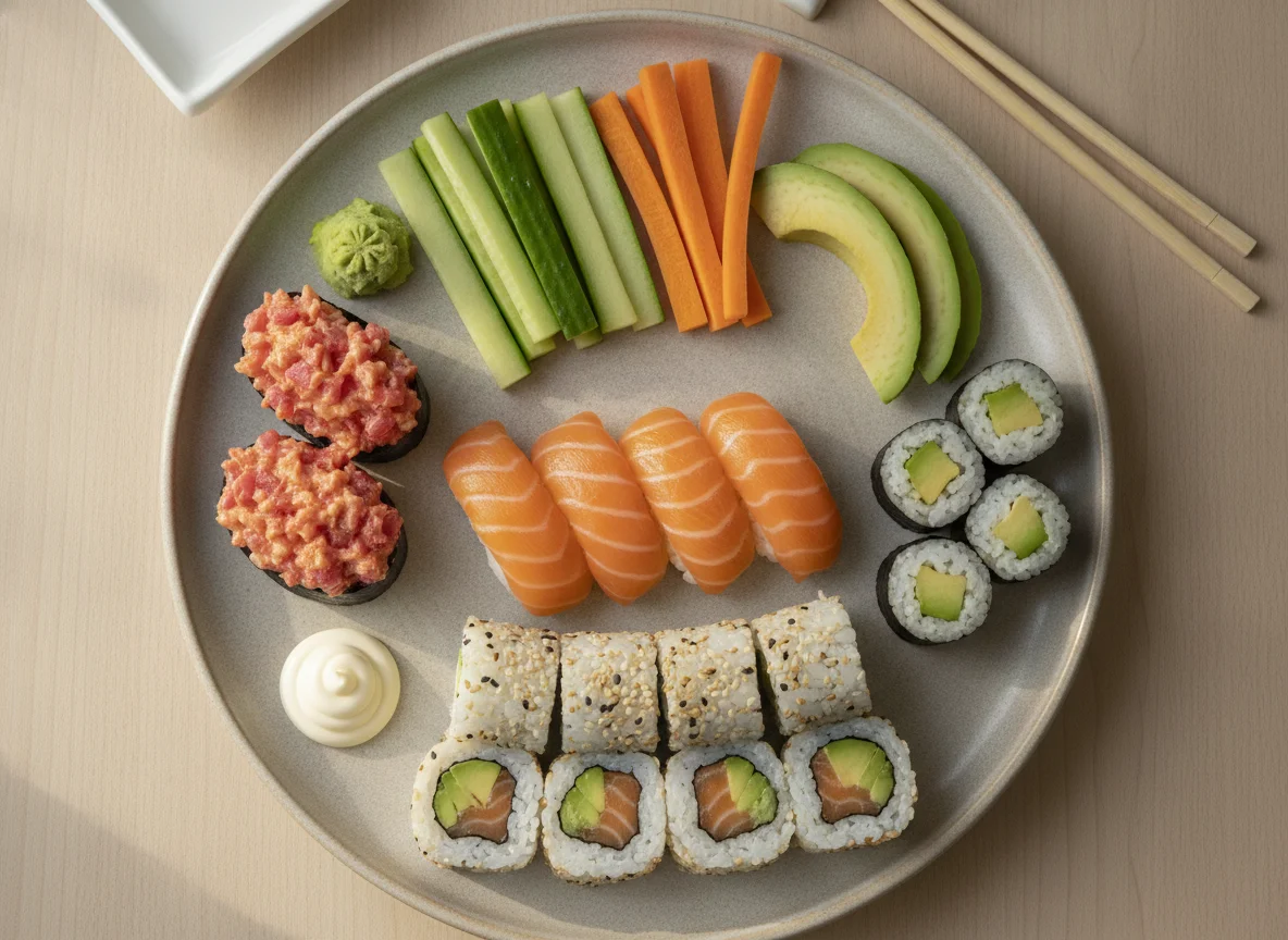 Assorted Sushi and Vegetable Plate photo