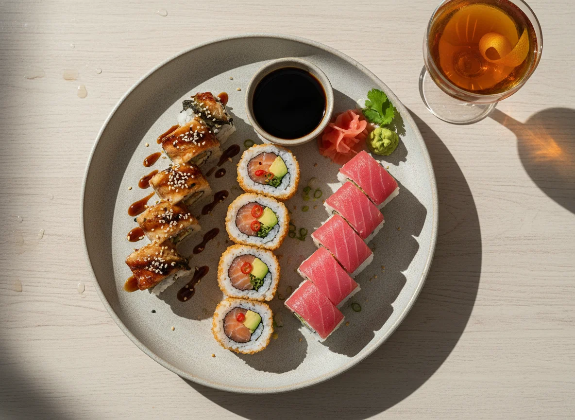 Assorted Sushi Rolls and Cocktail photo
