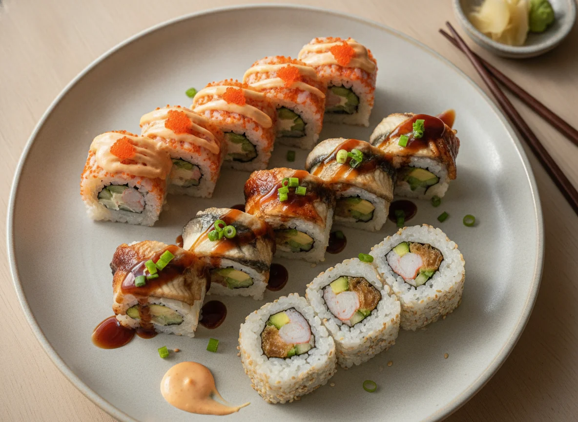Assorted Sushi Rolls with Eel and Spicy Mayo photo