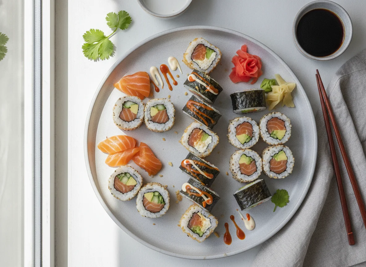 Assorted Sushi Rolls with Salmon and Avocado photo