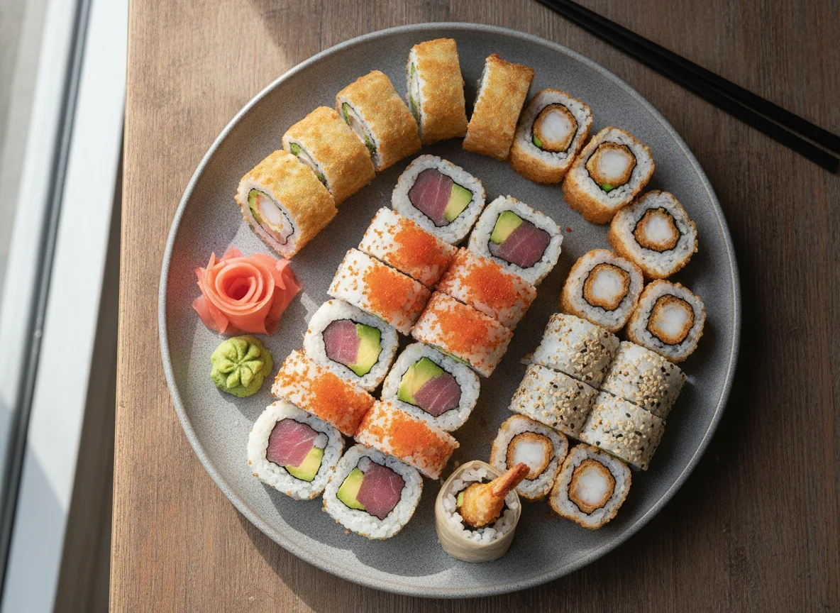 Assorted Sushi Rolls with Tuna and Tempura photo