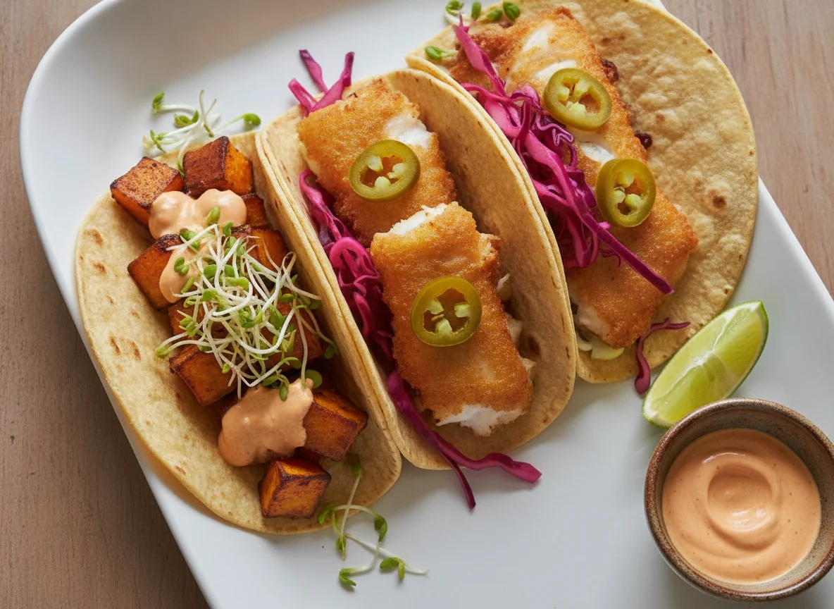 Assorted Tacos with Sweet Potato and Battered Fish photo