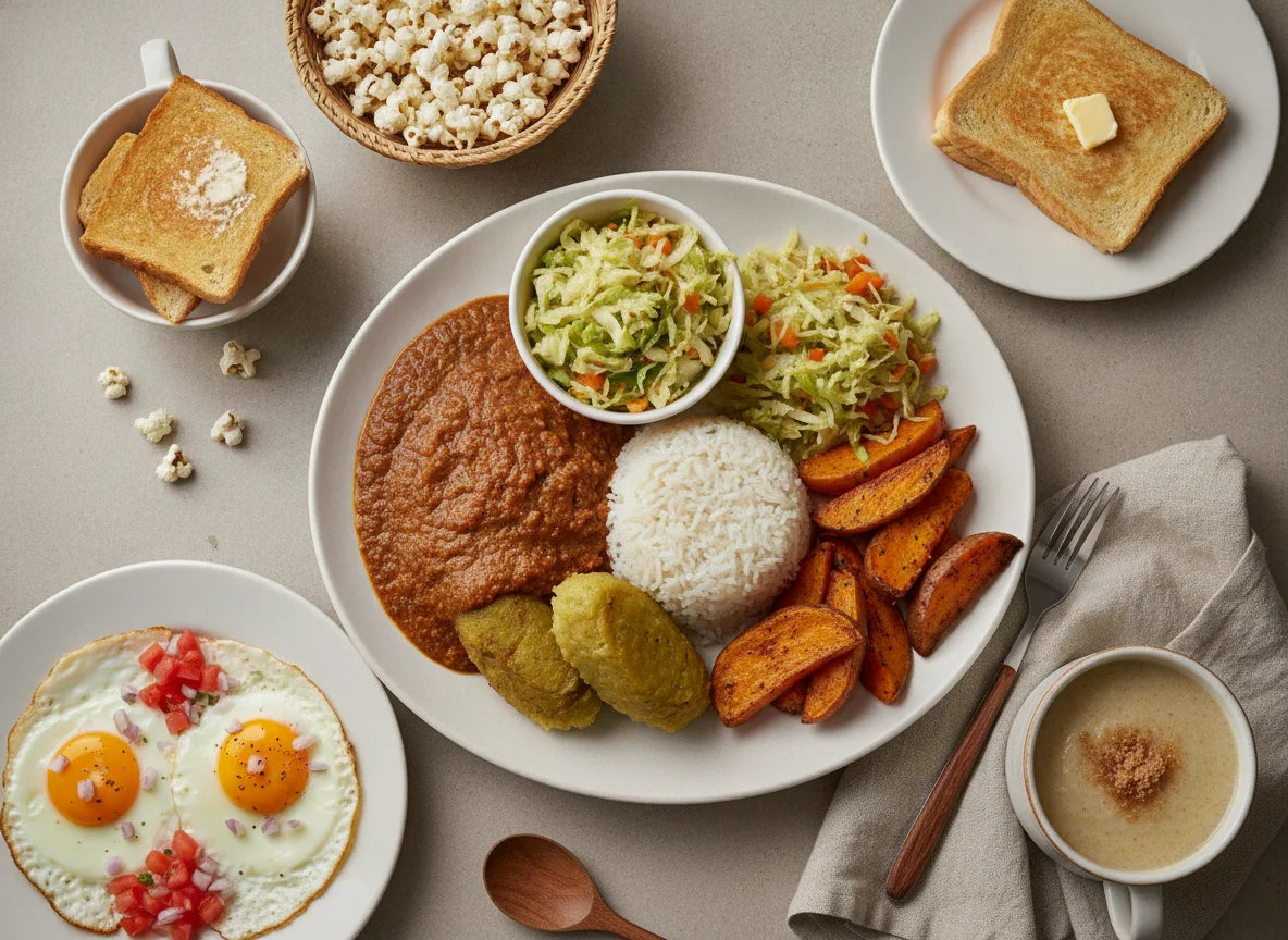 Assorted Ugandan Meals including Matooke and Rice with G-nut Sauce photo