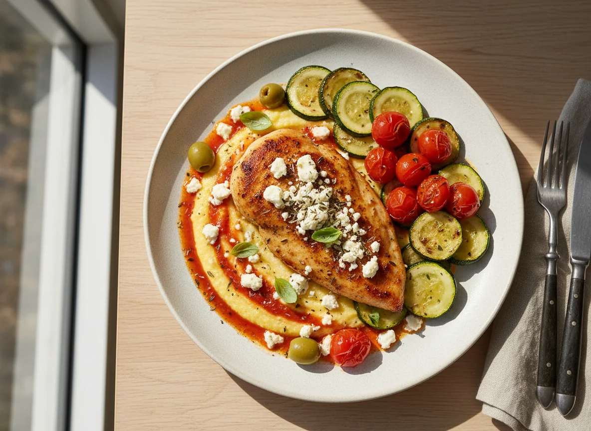 Athenian-Style Feta Chicken with Polenta, Zucchini & Grape Tomatoes photo