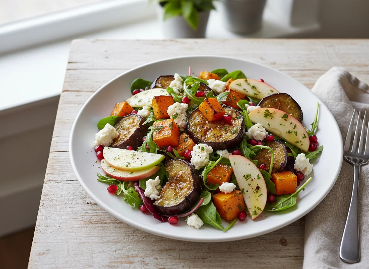 Aubergine and Butternut Squash Salad with Feta and Apple photo