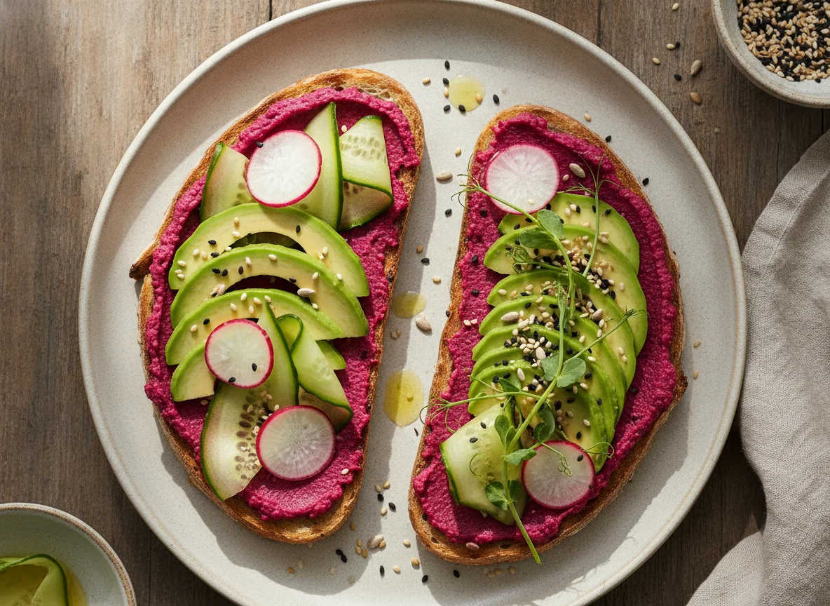 Avocado and Beetroot Hummus Toast with Cucumber photo