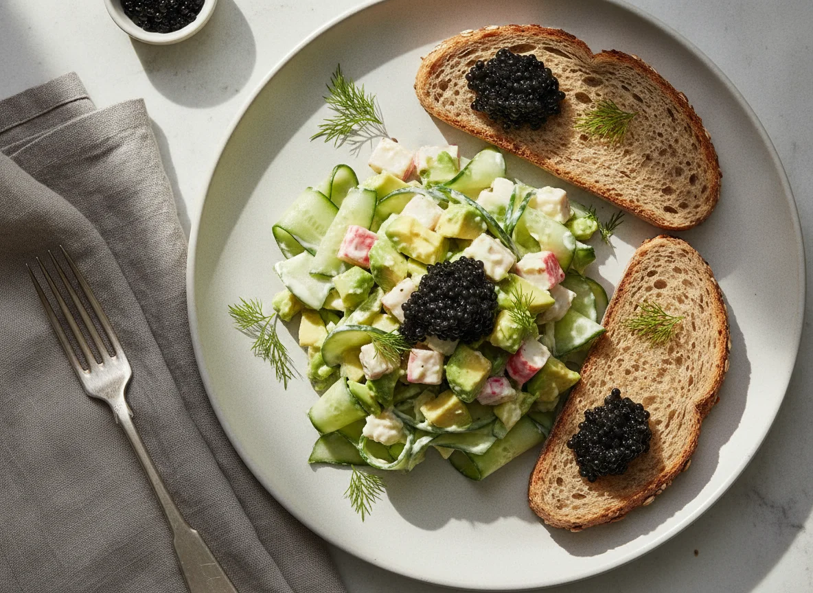 Avocado and Cucumber Salad with Bread and Caviar photo