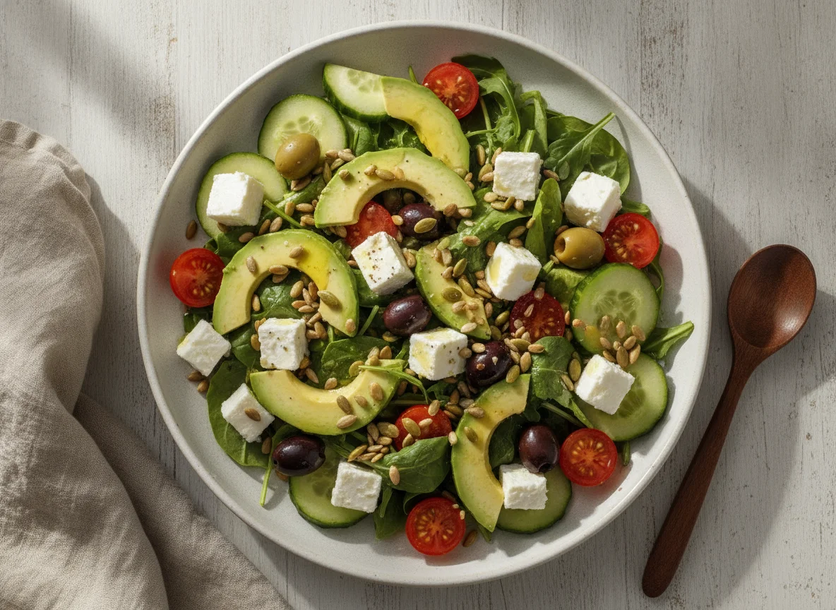 Avocado and Feta Salad with Mixed Seeds and Olives photo