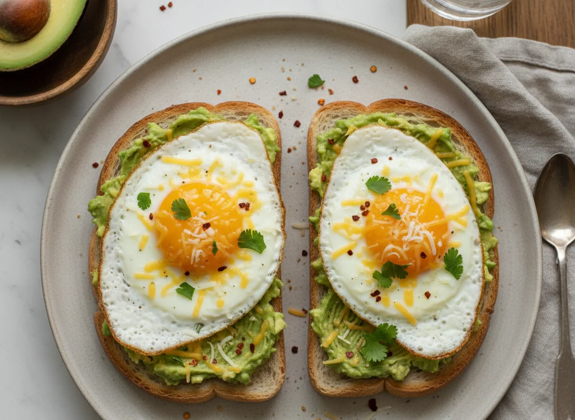 Avocado and Fried Egg Toast with Cheese photo