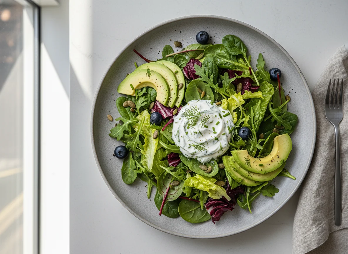 Avocado and Greens Salad with Creamy Dressing photo