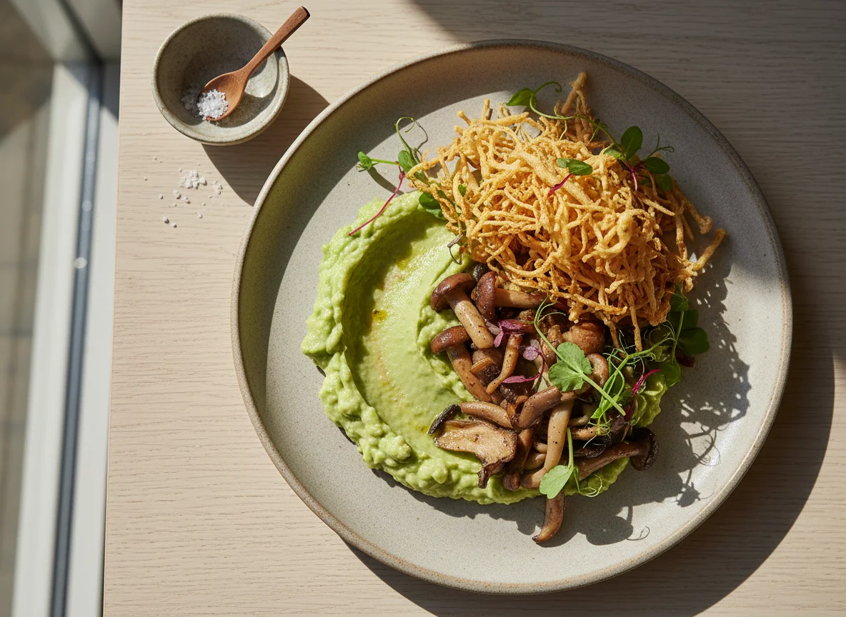 Avocado and Mushroom Dish with Crispy Enoki photo