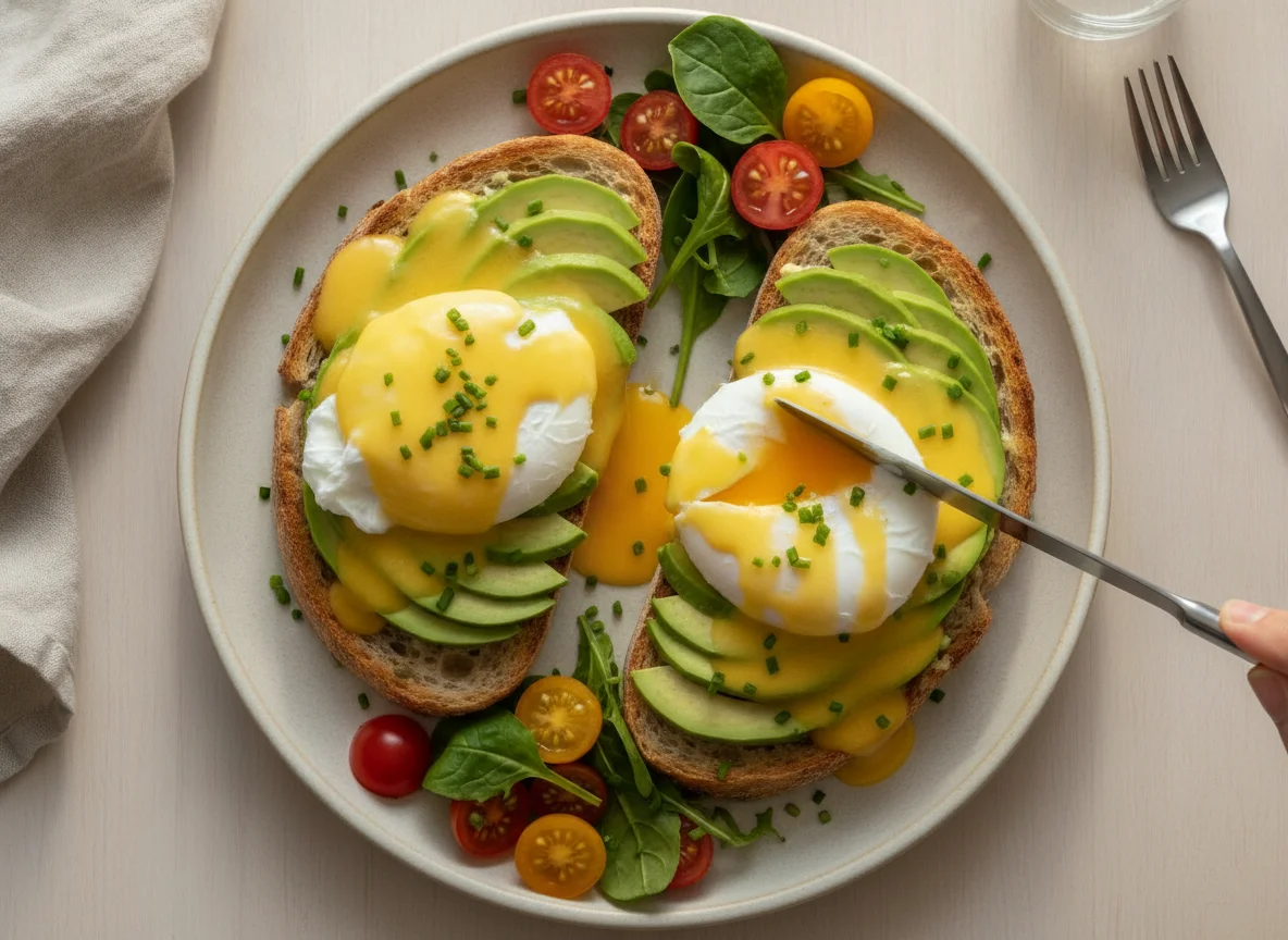 Avocado and Poached Eggs on Sourdough with Hollandaise photo