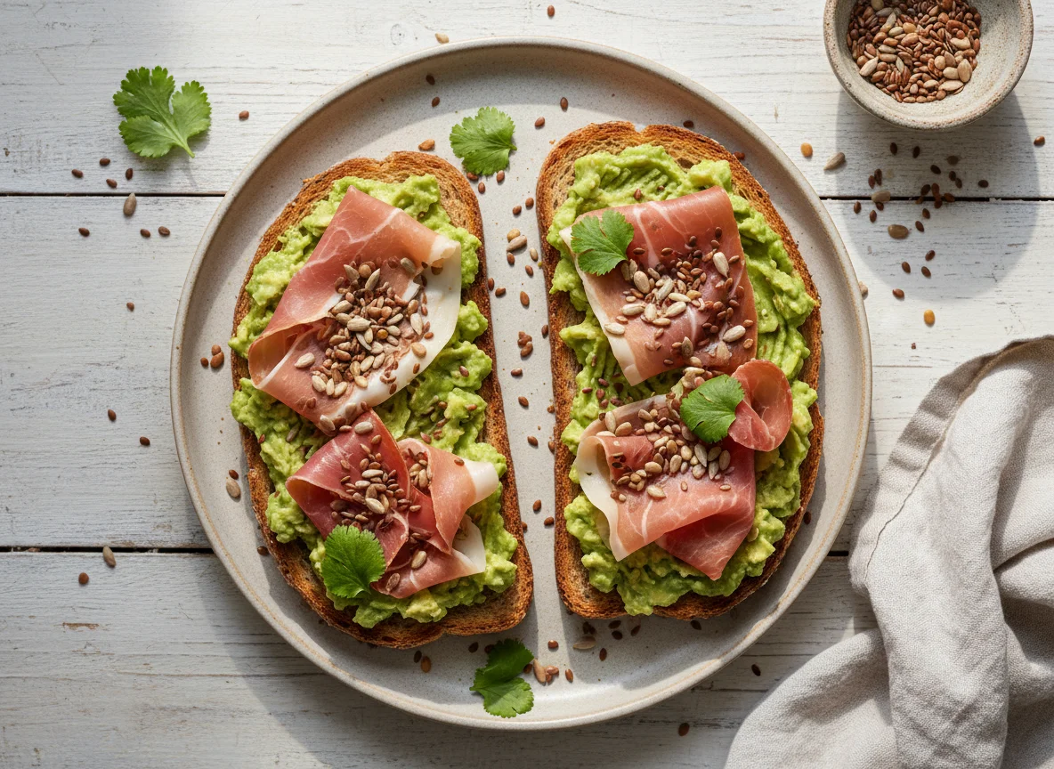 Avocado and Prosciutto Toast with Seeds photo