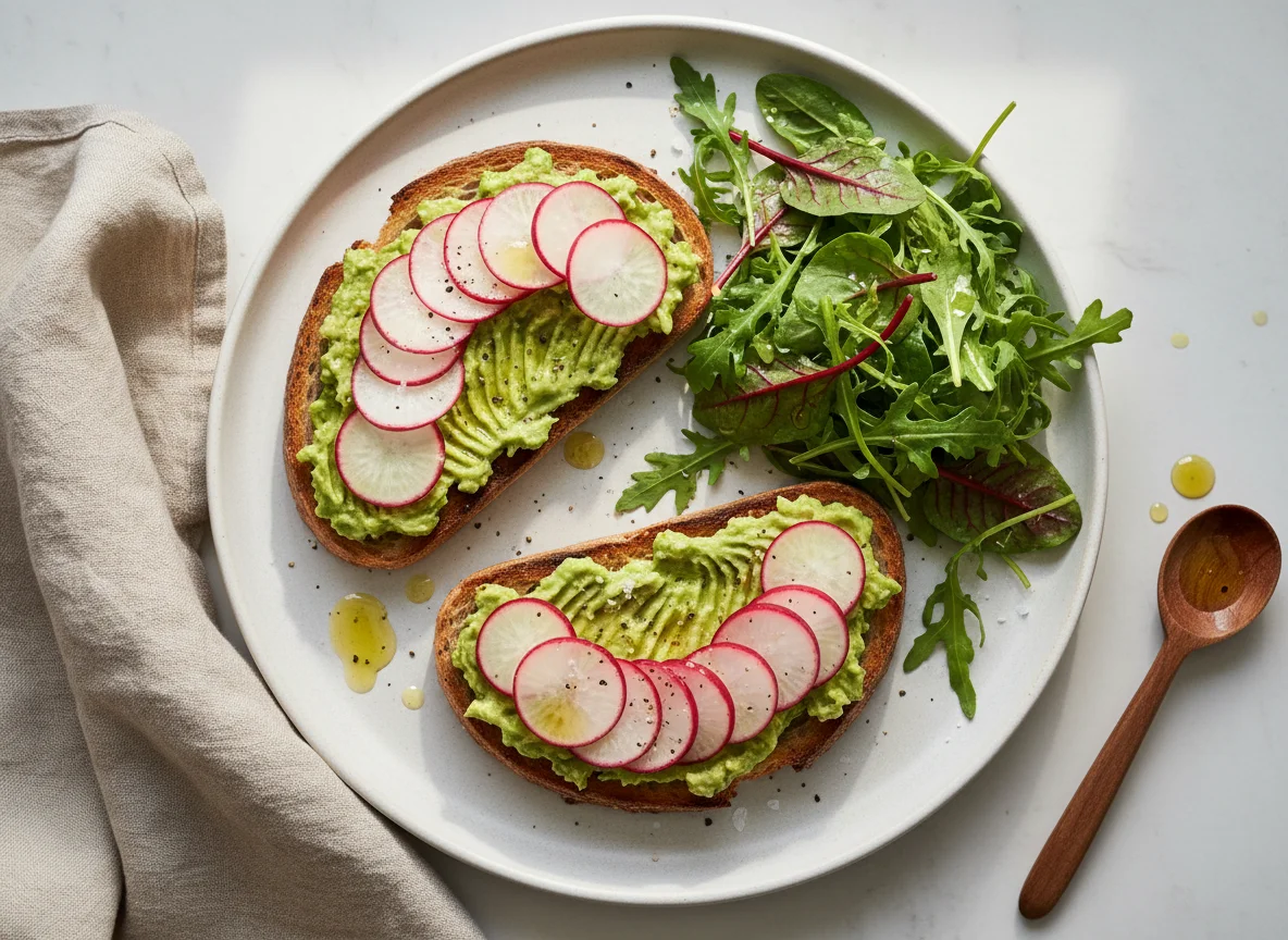 Avocado and Radish Toast with Mixed Greens photo