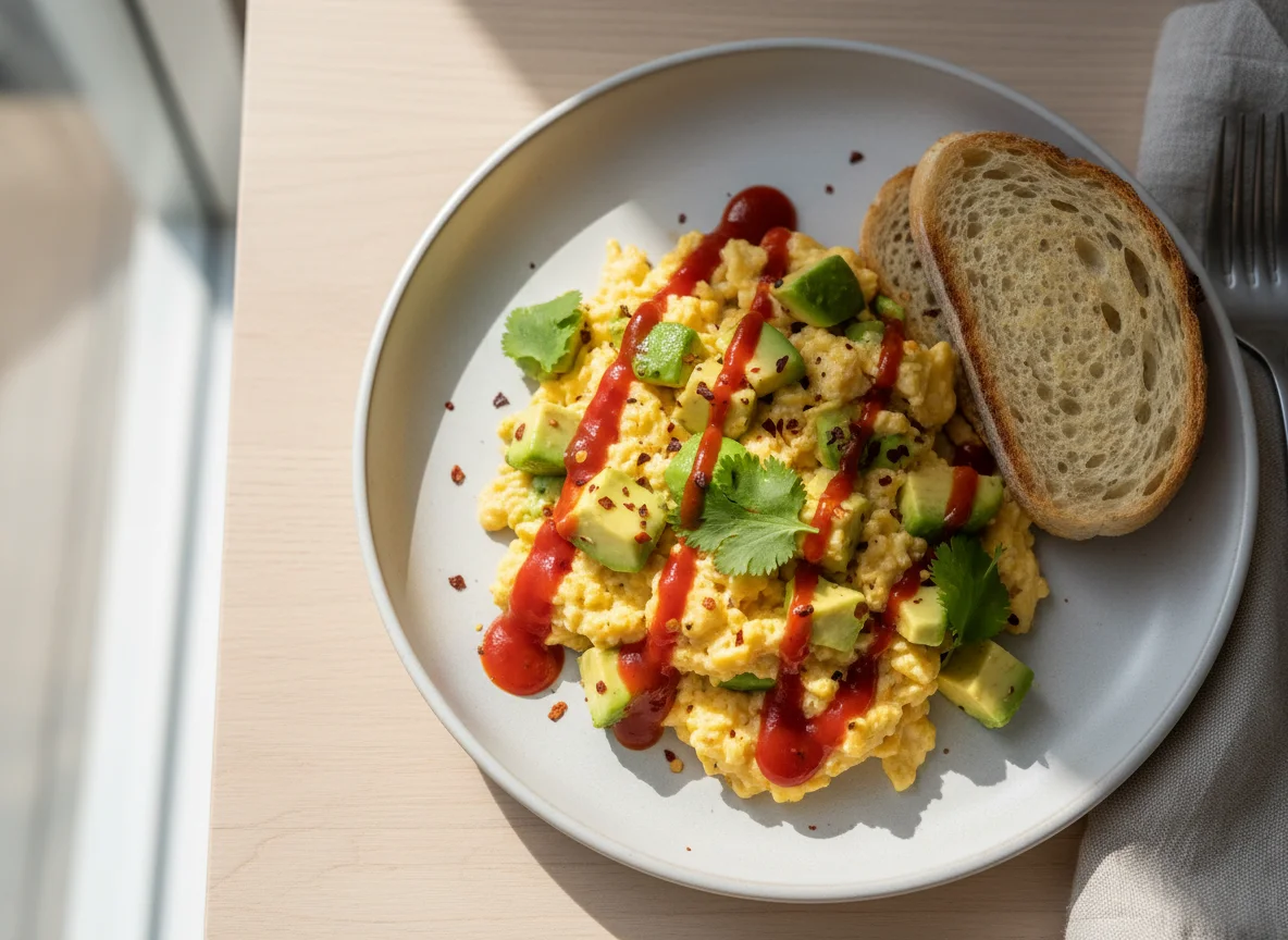 Avocado and Scrambled Eggs with Chilli Sauce photo