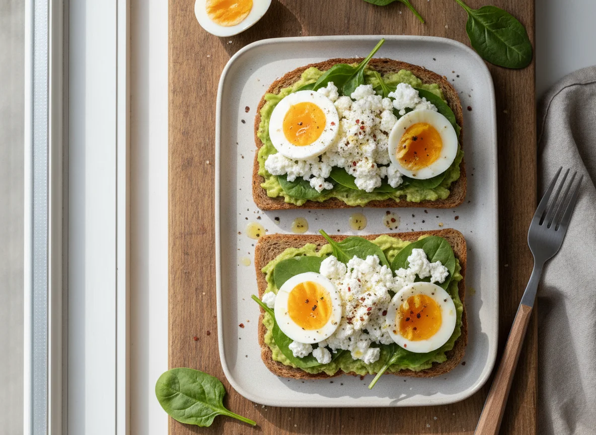 Avocado and Spinach Toast with Hard-Boiled Egg and Cottage Cheese photo