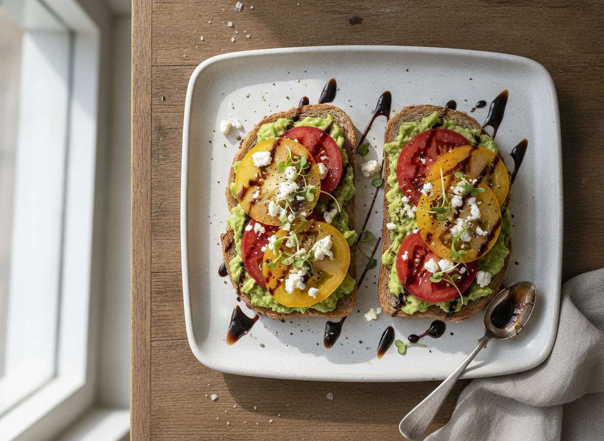Avocado and Tomato Toast with Feta and Balsamic Glaze photo