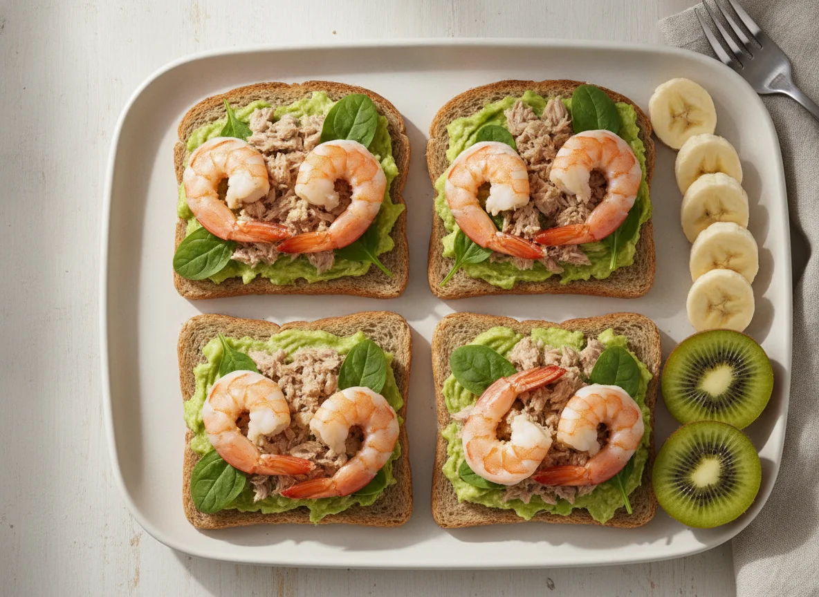 Avocado and Tuna Prawn Toasts with Fruit photo
