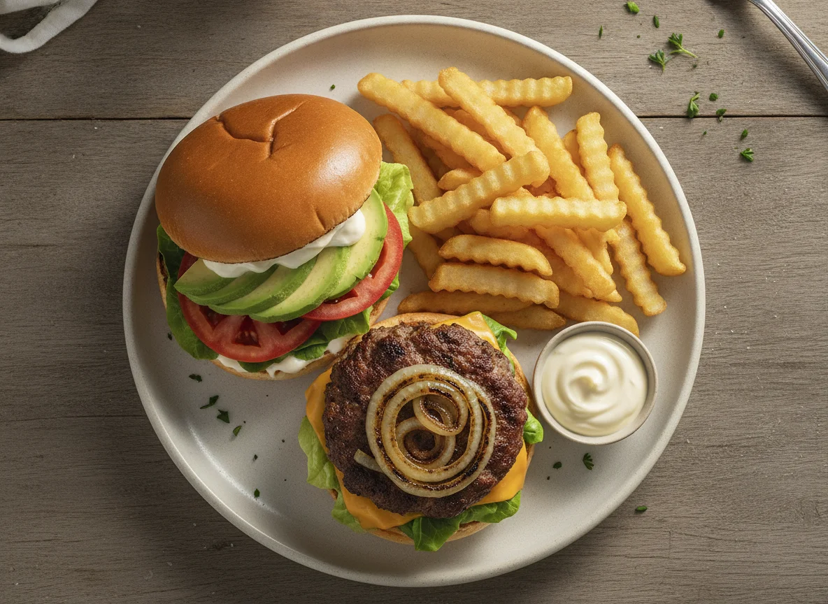 Avocado Cheeseburger with French Fries photo